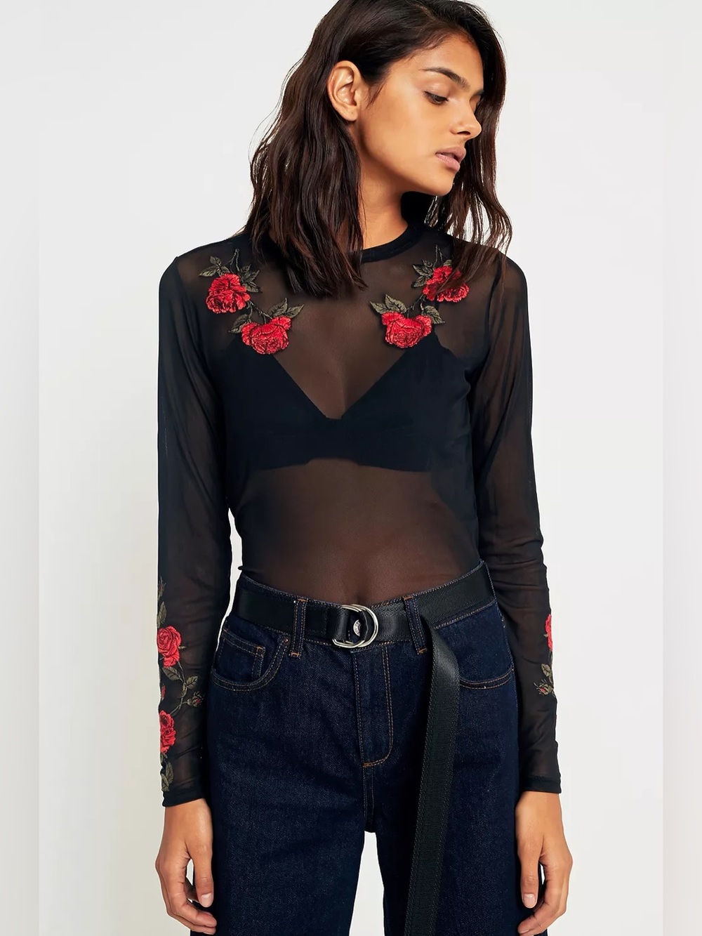 UO Rose Embroidered Sheer Mesh
Long Sleeve Top